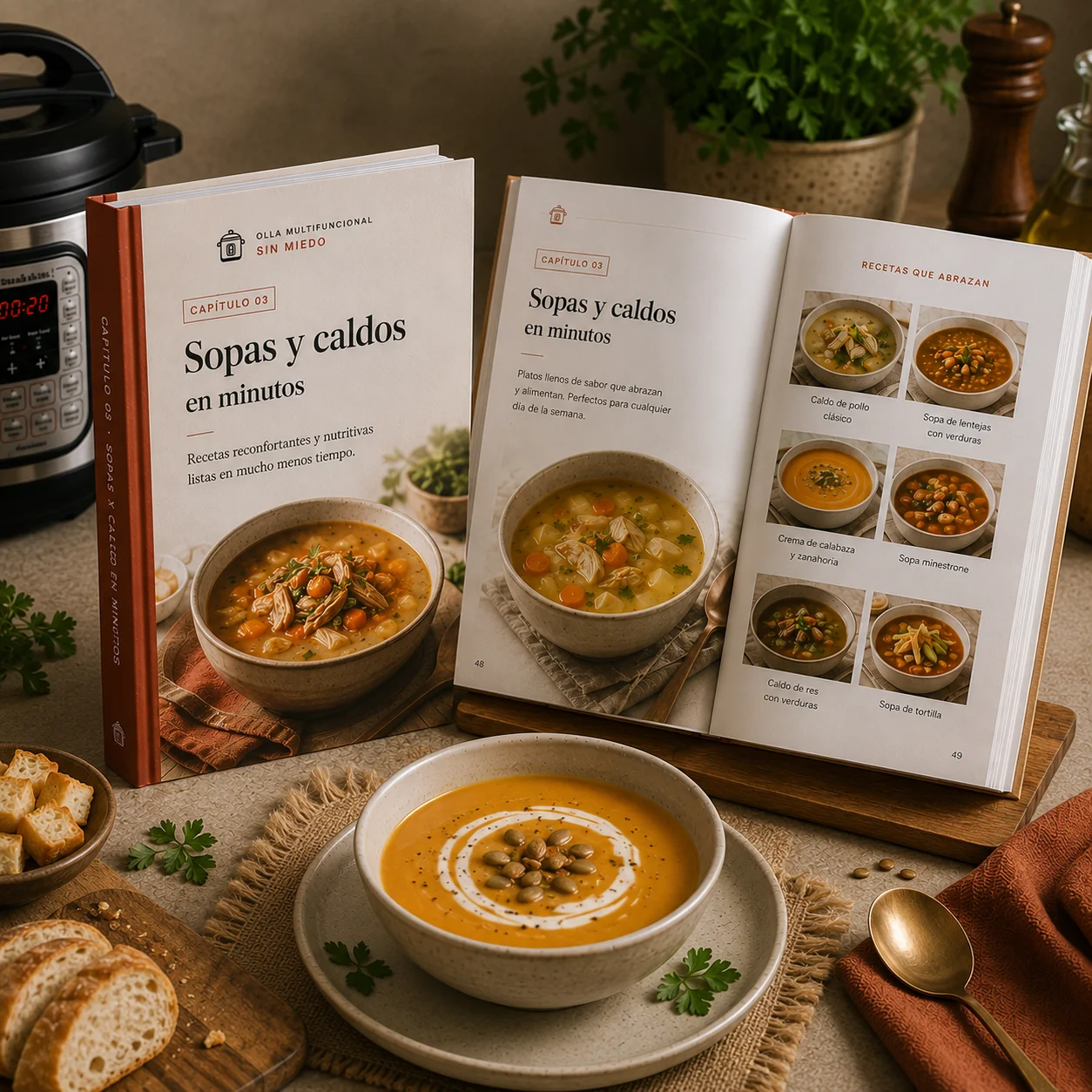 Recetario impreso abierto en el Capítulo 3: Sopas y caldos en minutos
