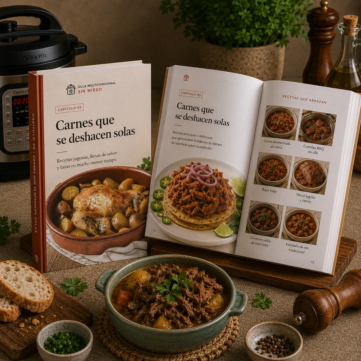 Recetario impreso abierto en el Capítulo 5: Carnes que se deshacen solas