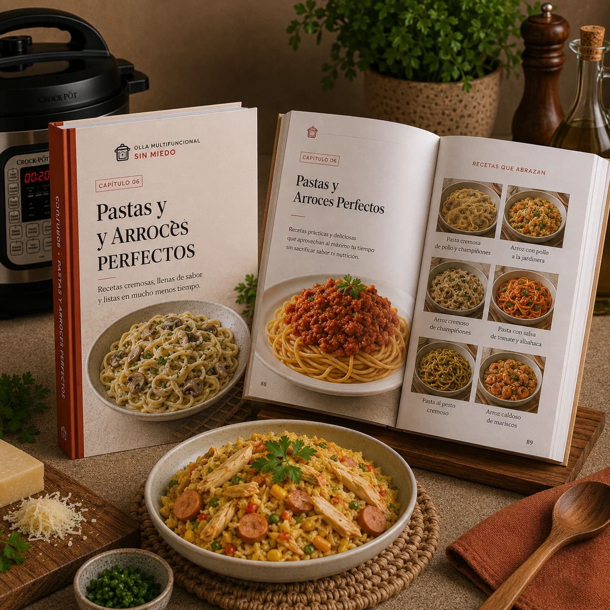 Recetario impreso abierto en el Capítulo 6: Pastas y Arroces Perfectos
